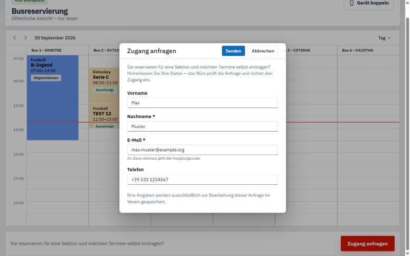 Öffentlicher Belegungsplan mit dem Formular Zugang anfragen