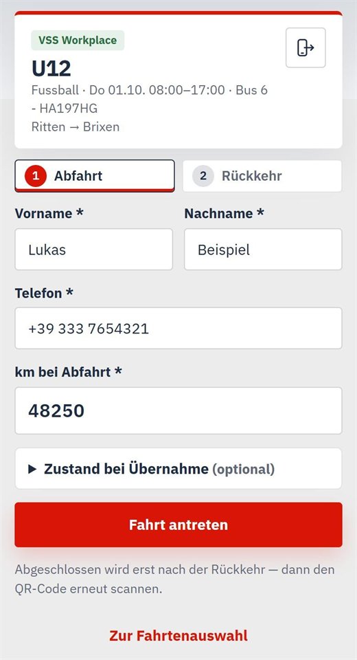 Schritt Abfahrt mit Fahrerangaben und Kilometerstand
