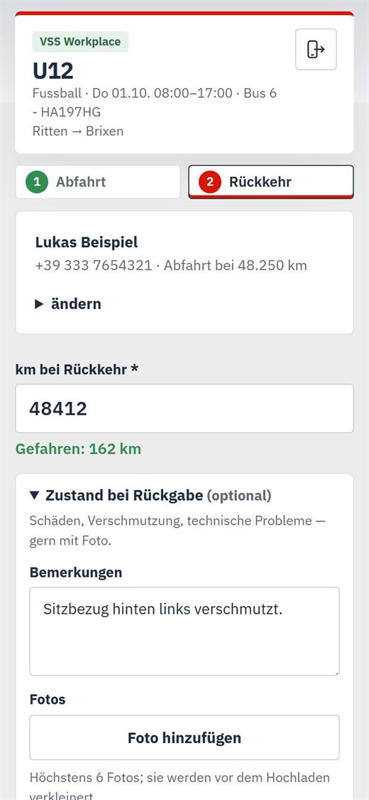Schritt Rückkehr mit Kilometerstand, Bemerkung und Fotos