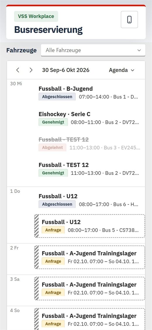 Agenda mit Anfragen, genehmigten, abgelehnten und abgeschlossenen Fahrten