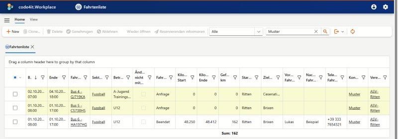 Fahrtenliste als Tabelle mit Kilometersumme