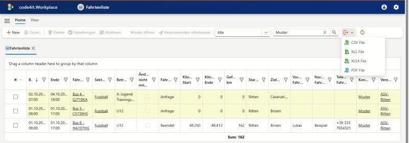 Export-Menü mit CSV, XLS, XLSX und PDF