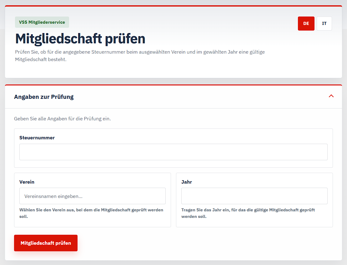Web-Anwendung „Mitgliedschaft prüfen“ mit Feldern für Steuernummer, Verein und Jahr